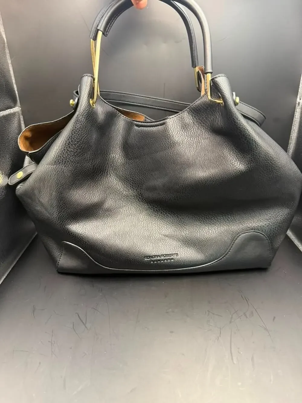 Sondra Roberts Squared Black Faux Leather Large Tote Shoulder Handbag Gold Hardw